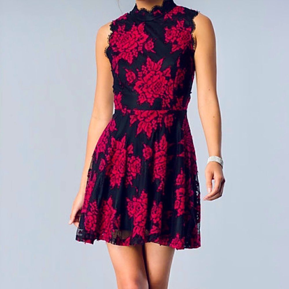 City Studio Black & Red Lace Floral Fit & Flare Dress Size Small
